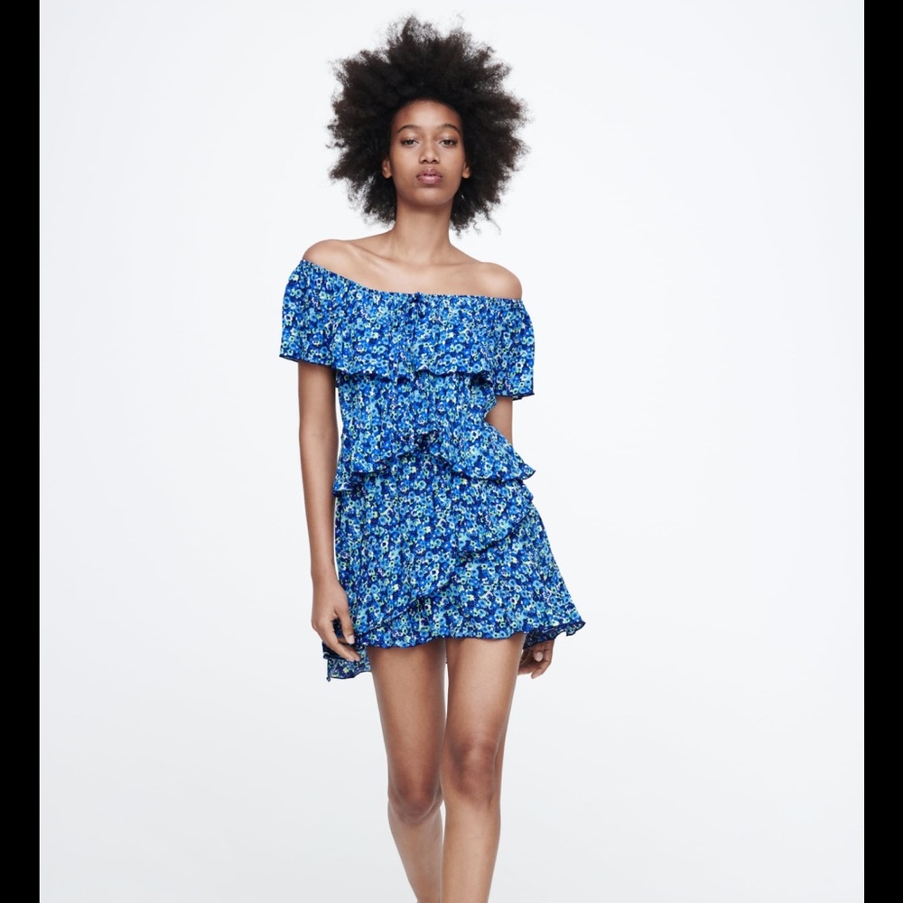 Zara Blue Floral Off the Shoulder Cute Tiered Ruffle Dress Romper Jumpsuit S